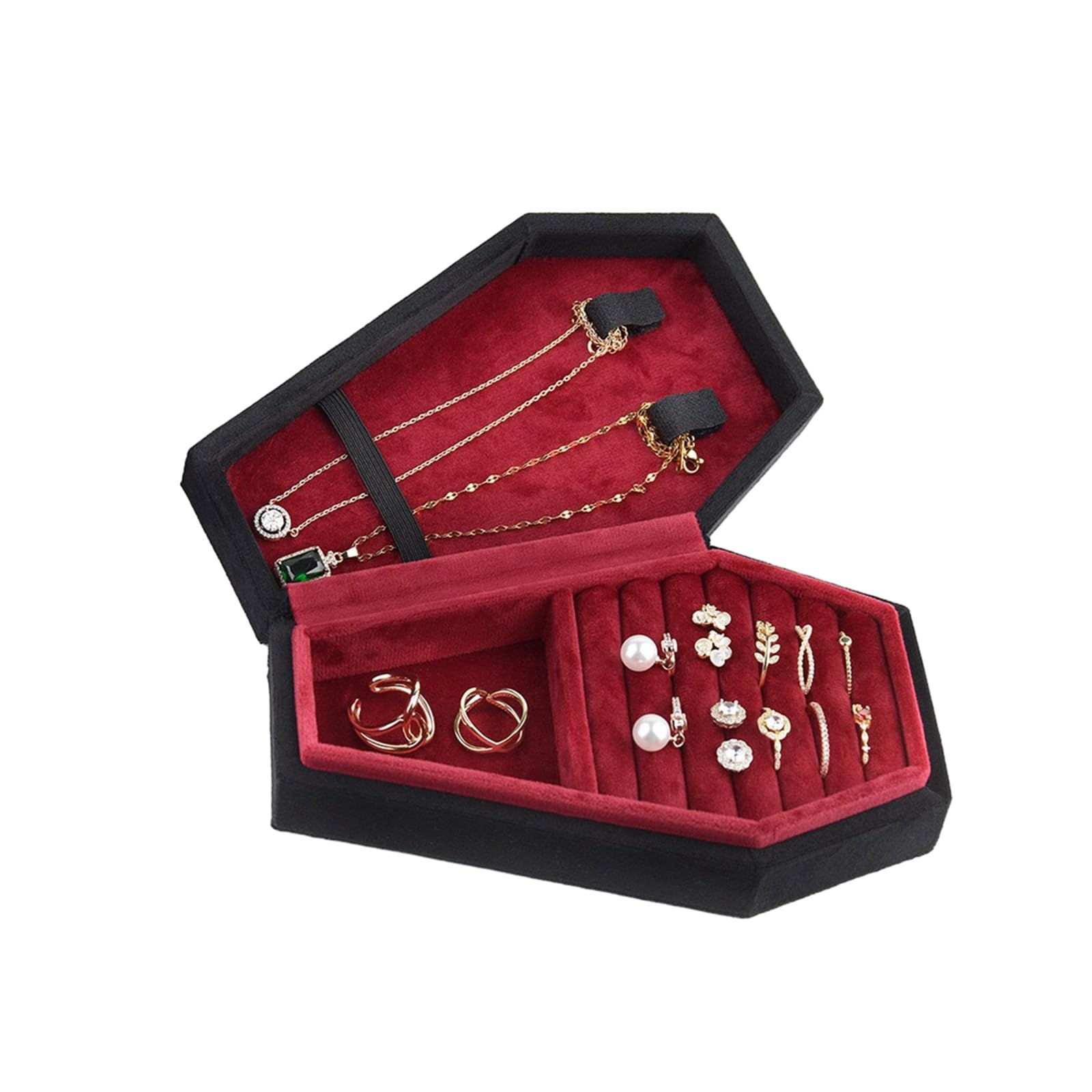 Joyero gótico con forma de ataúd, elegante, terciopelo, anillos, gargantilla, caja para decoración de joyas de Halloween
