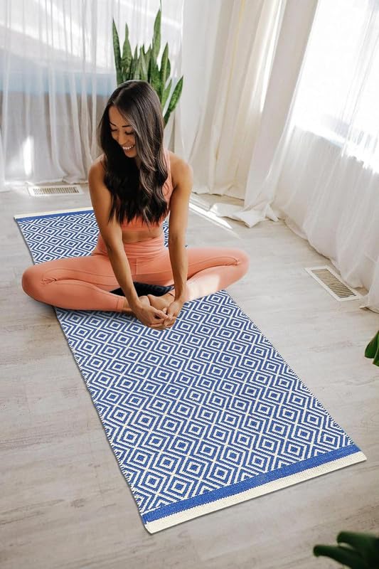 Image of FIASCO Hand Woven 100% Natural Cotton Export Quality Designer Striped Rug, Bed Side Runner Rug Carpet for Bedroom, Passage,Living Room, Size- 2X5 Feet Blue Diamond