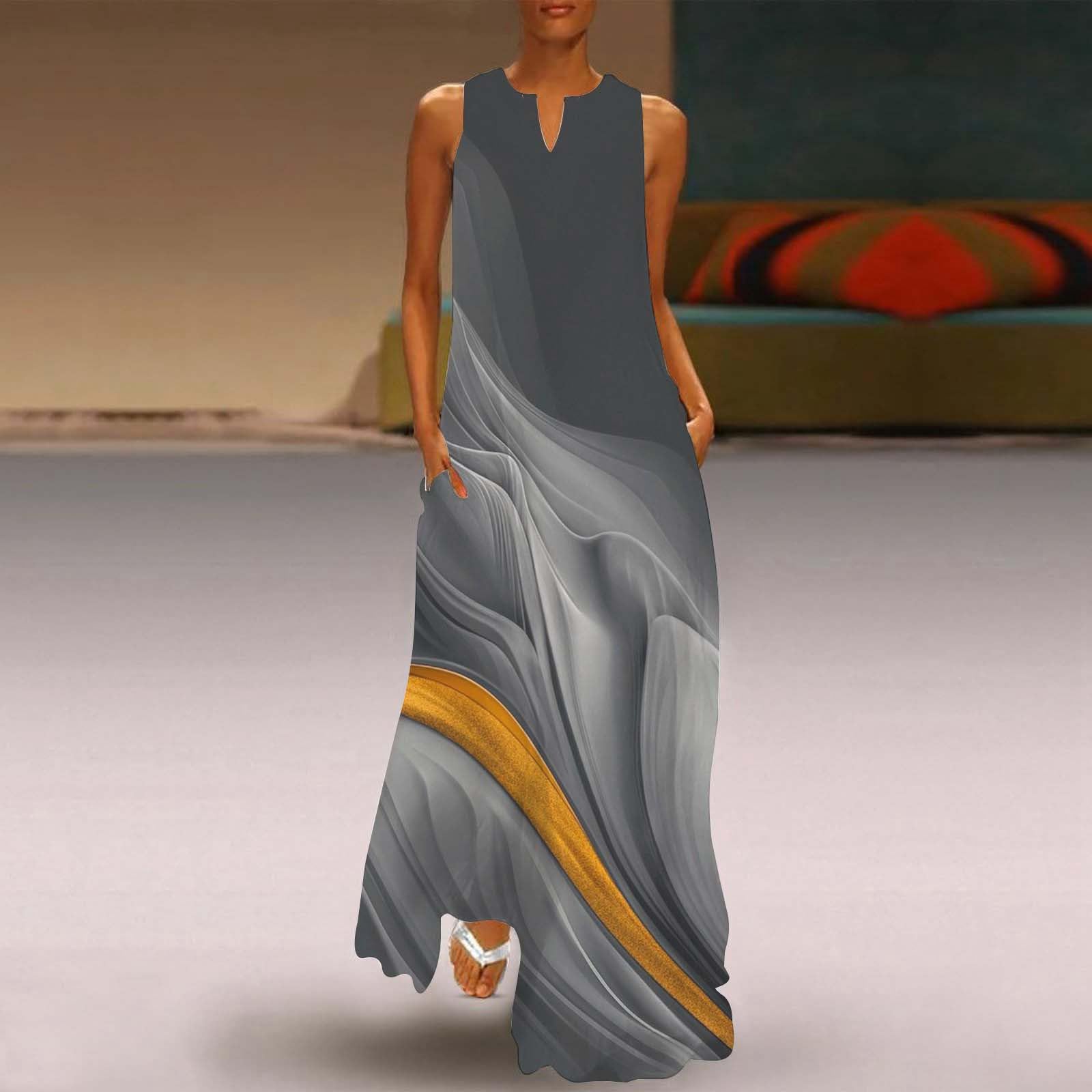 Robe Femme Chic Et Elegant Robe Longue Femme Maxi Imprimé Papillon d'Été Floral Grandes Tailles Robe de Cocktail l'été Boheme sans Manche avec Poches Ample Fluide Decontractée Sundress