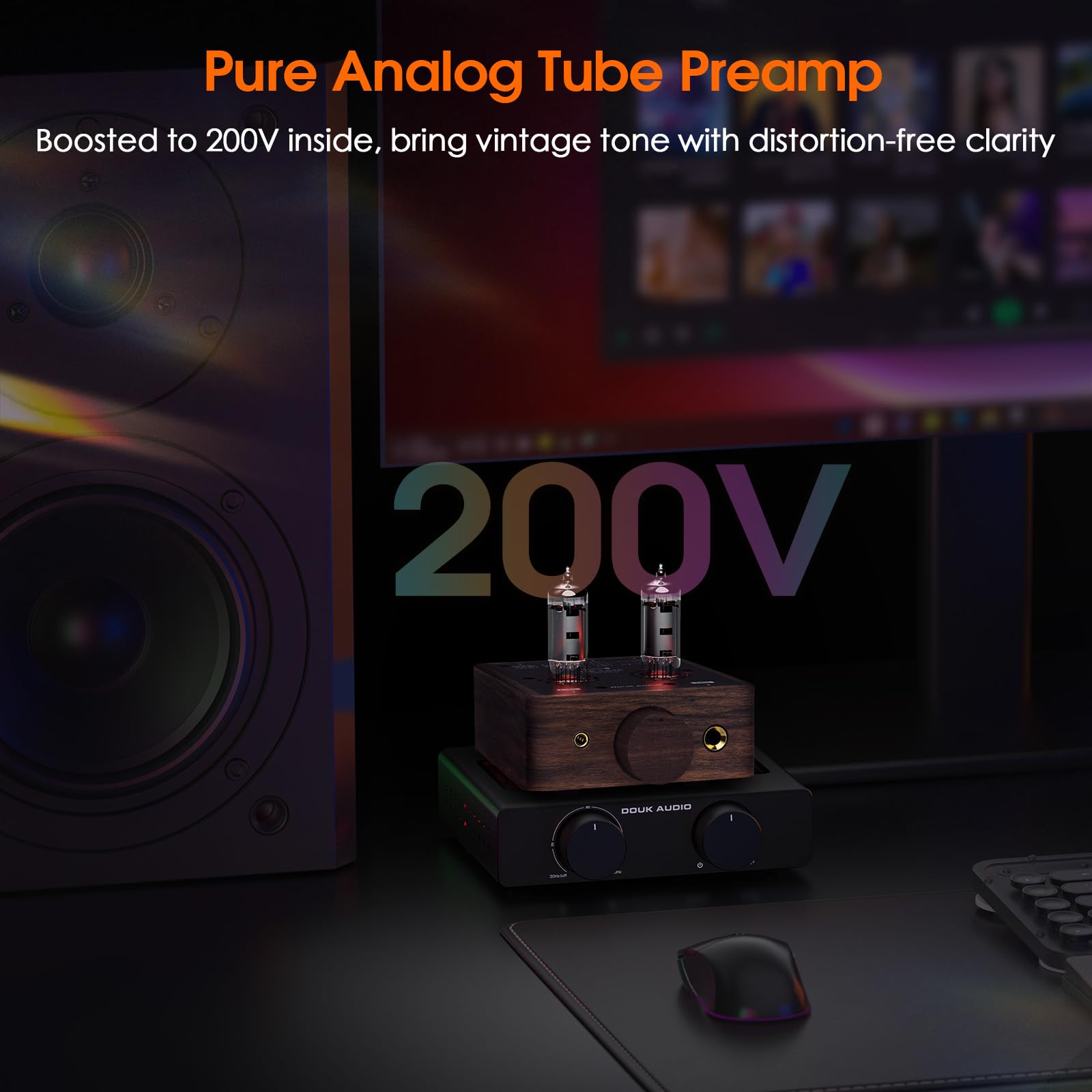Douk Audio Mini lampowy wzmacniacz słuchawkowy Desktop Stereo Audio przedwzmacniacz z gniazdem 4,4/6,35 mm (drewno orzecha włoskiego)