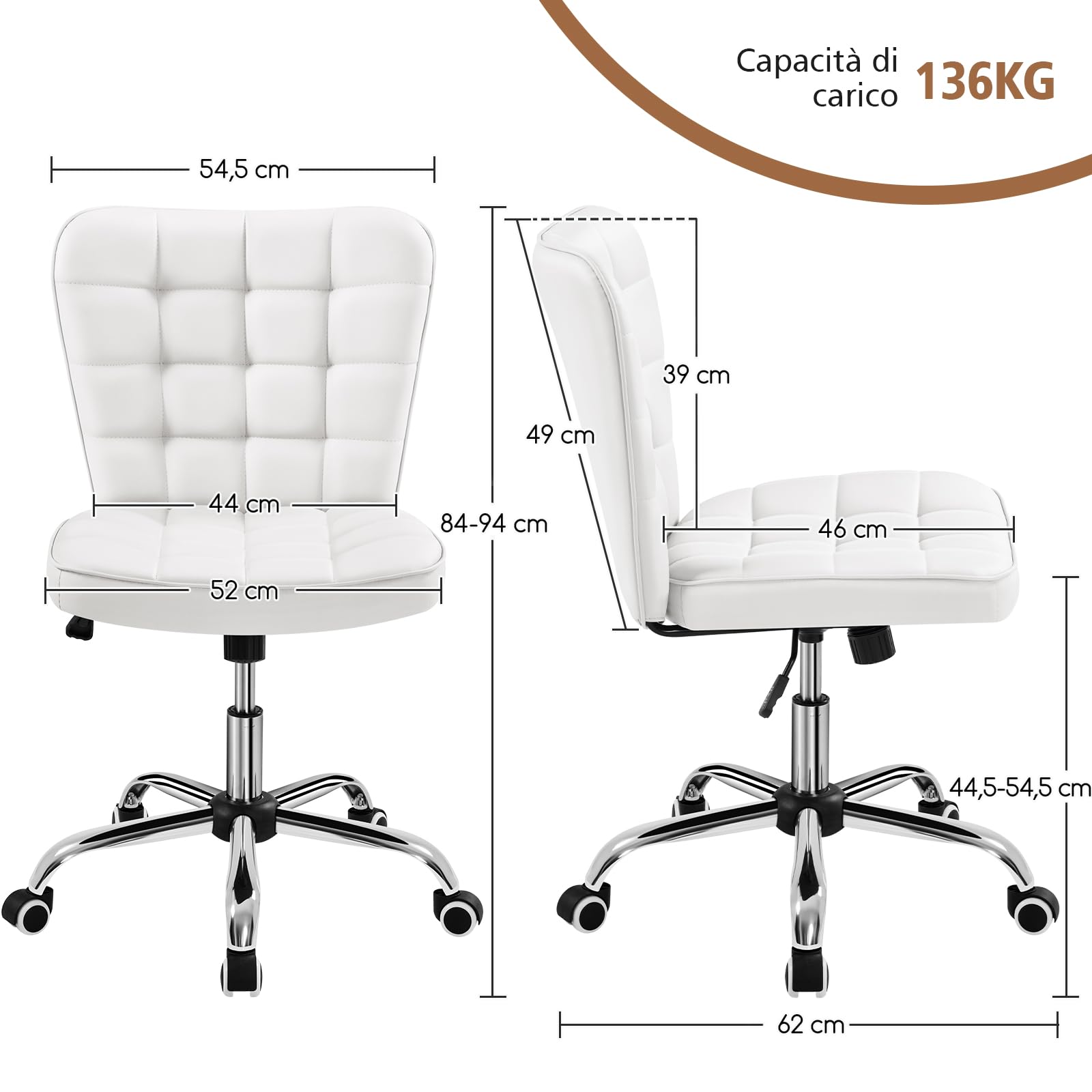 Yaheetech Sedia Ufficio Srivania Senza Braccioli Ergonomica in Ecopelle Bianca Imbottita a Rotelle Girevole Altezza Regolabile Fonzione Dondolo Portata 136 KG