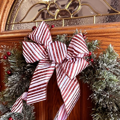 Image of Red Glitter Stripes Christmas Ribbon - 2 1 /2 inch x 20 Yards, Wired Edge, Red White Candy Cane, Wreath, Garland, Gift Wrapping, Bows