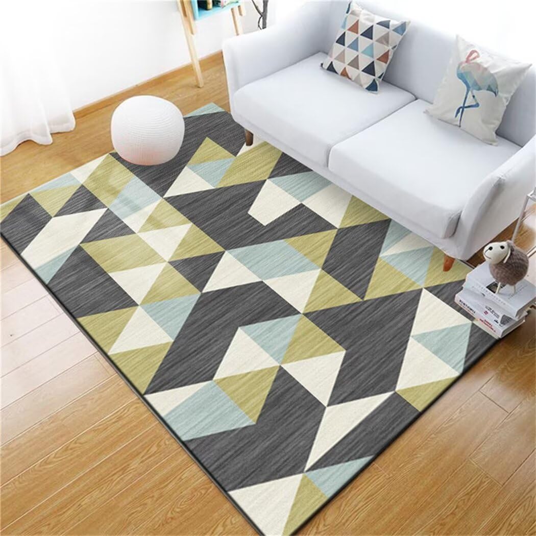 Tapis long couloir bleu et gris lavable résistant pour entrée et salon