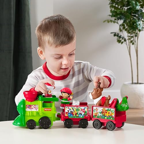 Vista 2 de Fisher-Price Little People - Tren musical navideño para niños pequeños con figuras de Santa, elfo y reno para juego de rol para niños de 1+ años