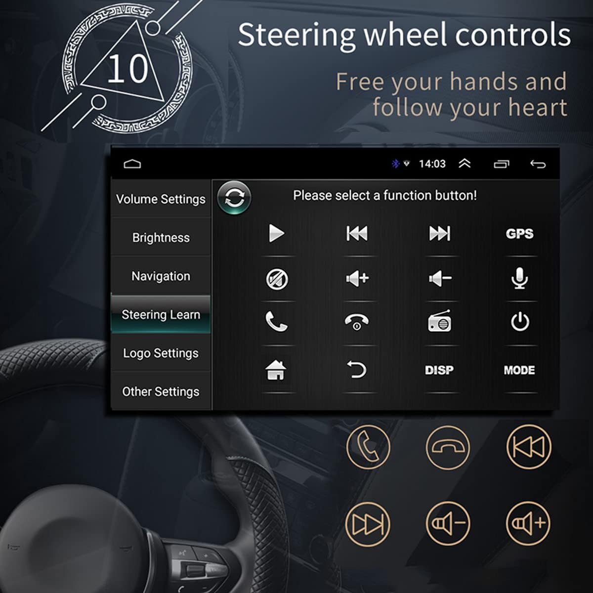 Car radio screen showing the 'Steering Learn' menu with various function buttons like volume, navigation, and play/pause, indicating steering wheel control setup.