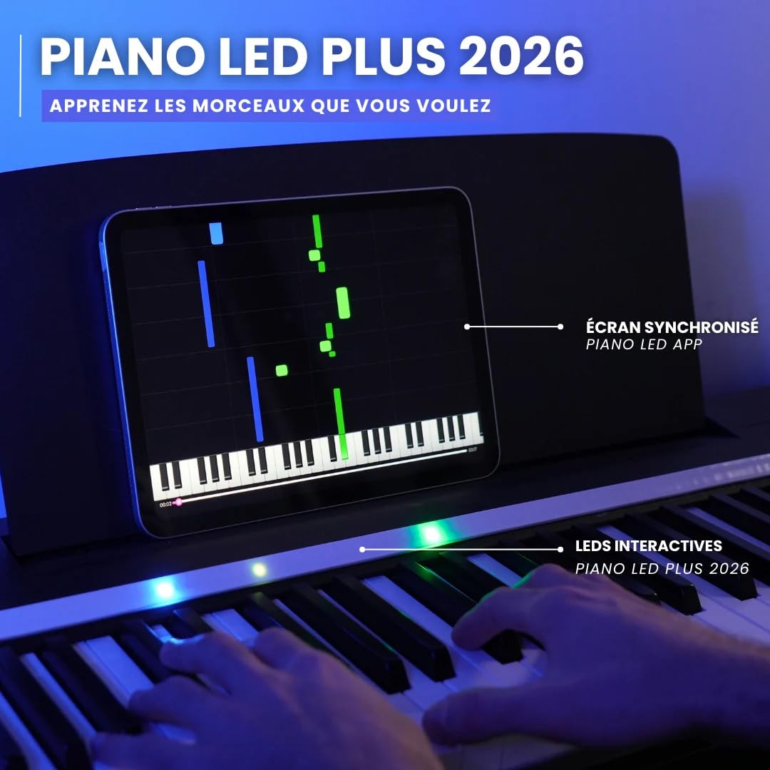 Plus Bande LED pour Apprendre le Piano sans Solfège (piano non inclus) - Application WiFi iOS Android avec 50 Morceaux Inclus - Compatible Claviers Numériques 61/76/88 Touches - Blanc