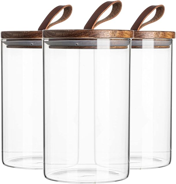 Argon Tableware 3 Piece Glass Jar with Wooden Lid Storage Container Set - Round Scandinavian Style Airtight Canister - 1 Litre