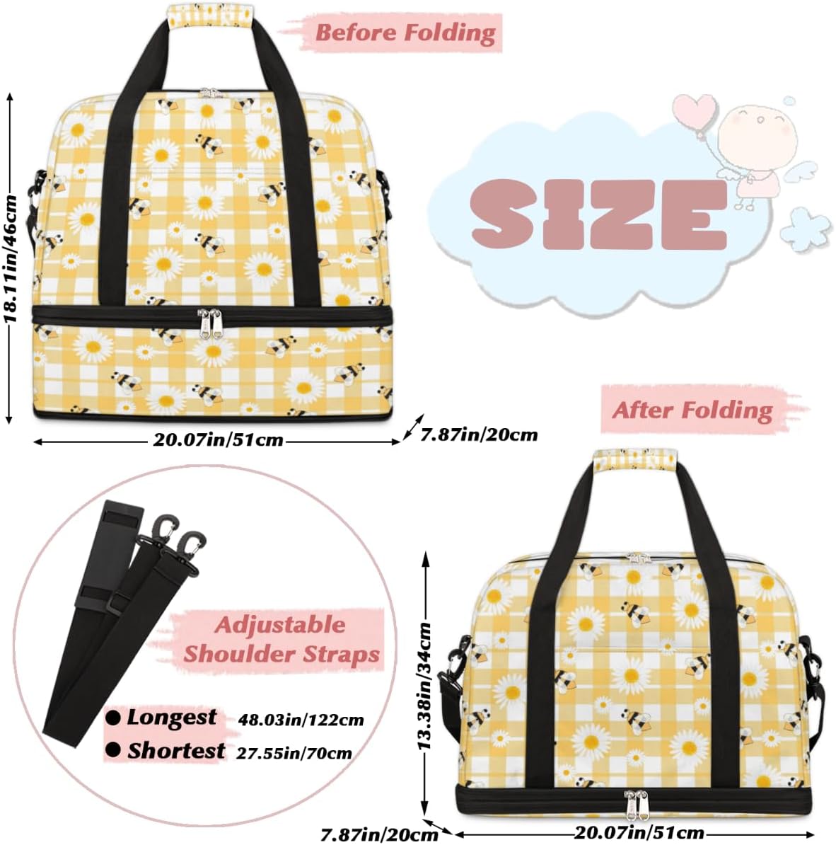 QsirBC Bee Funny Texture Gym Bag for Women Duffle Tote with Shoes Compartment Men Weekender Duffel for Dance Travel Sports Swimming Overnight