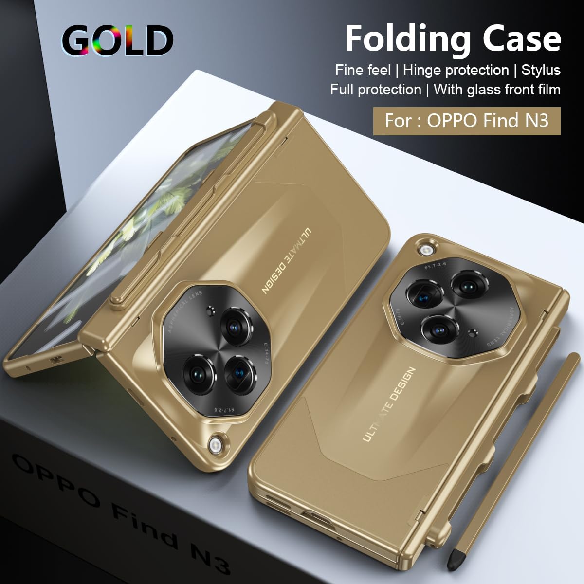 Phone Case Compatible with Oppo Find N3 Case, Protective Case, Rugged Full-Body Cover with Screen Protector and S-Pen Slot Compatible with Oppo Find N3 (Gold)