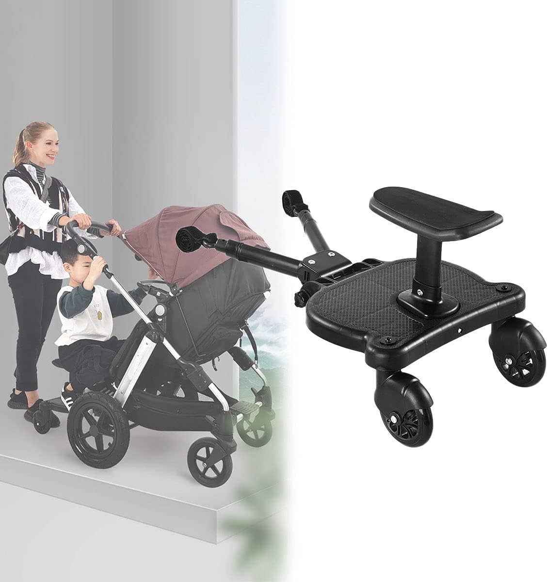 ​Buggy Board, Kiddy Board with Seat Standing Board, ​Stable Two Wheel Design, Pram Accessories, Universal Buggy Board for Children Aged 3-7, Maximum Load 25kg/55ib