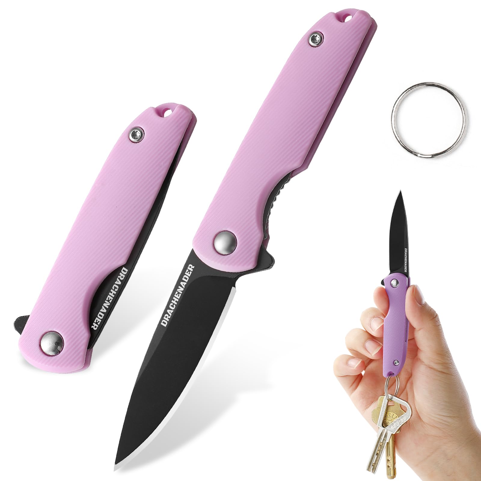 DRACHENADER Women's Pocket Knife Mini Pink Cute Small Folding Knife Lightweight and Compact EDC Knife, Great Gift for Women, Mother, Wife, Girlfriend (B- Purple-Black)