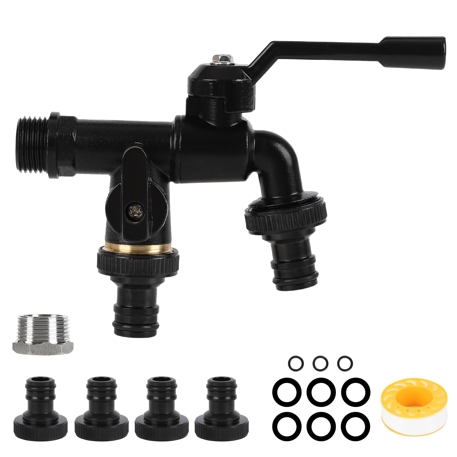 Brass Double Water Tap,1/2(3/4) inch Double Outlet Garden Tap Rust and Antifreeze Double Output Faucets with 2 Hose Connectors for Garden Household Industry (Black)