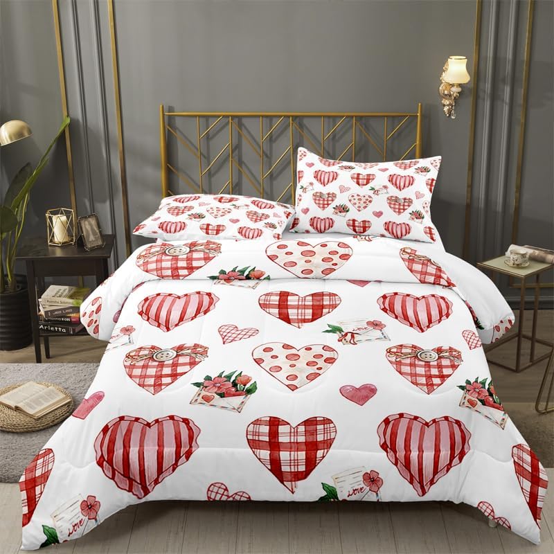 Pink and White Plaid Hearts Valentine Comforter Set King 3-Pieces Microfiber Bedding Quilt for Girls Teens Couple