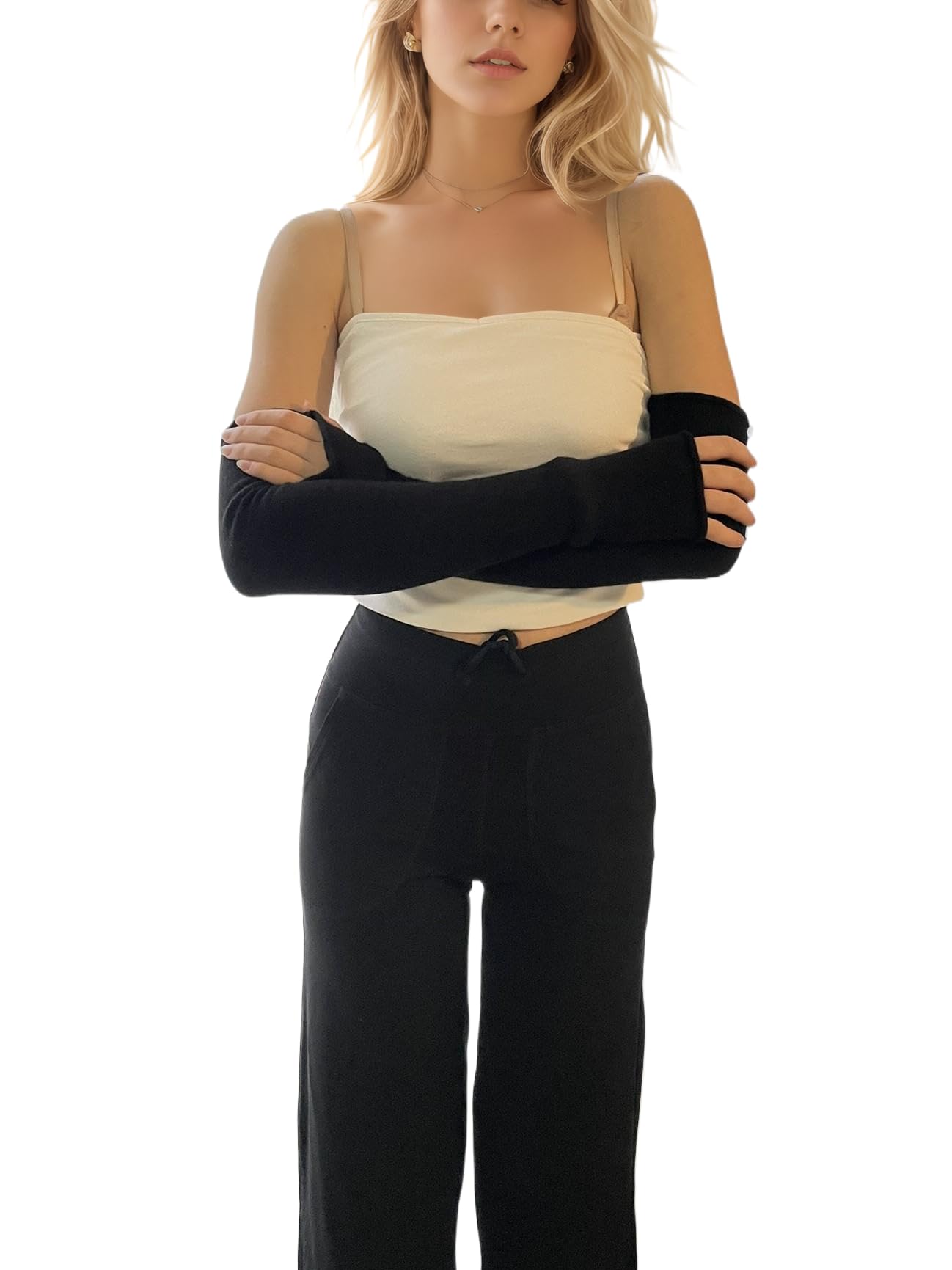 Donna extra lungo 100% Cachemire Manicotti Scaldabraccia Guanti Lunghi Mezze Dita Scaldapolsi Cashmere moda sera