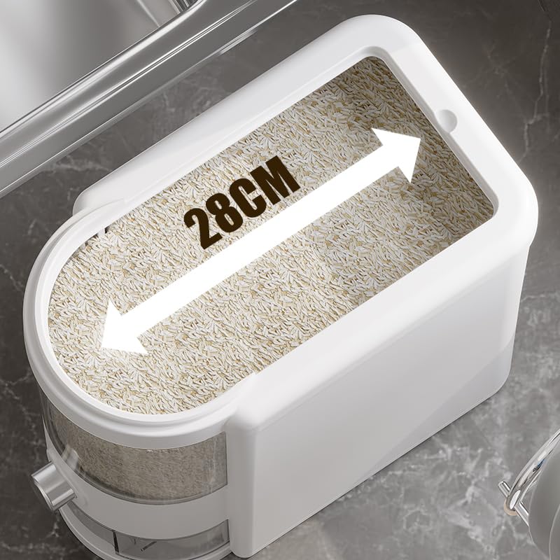 Reisbehälter mit Messbecher, verbesserte integrierte Frischebox, Müsli-Spender, Aufbewahrung mit Deckel, für Zuhause, Küche, Speisekammer, Reis, Sojabohnen, Mais und große Körner, Weiß, 11,3