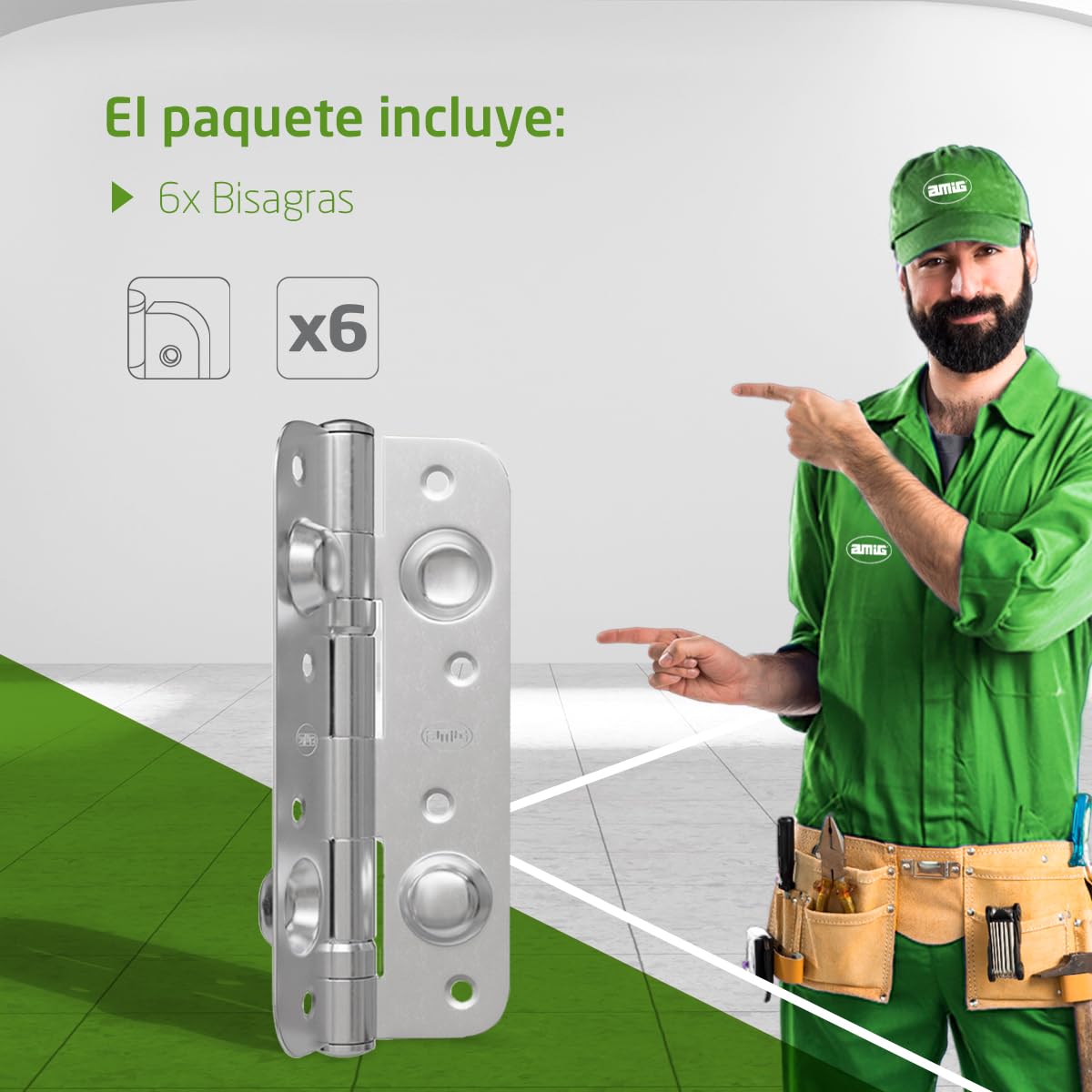 Amig - Pack de 6 Bisagras de Seguridad, Para Puertas de Entrada, Sistema Antipalanca, 150 x 82 x 3 mm, Cantos Redondos, Acero, Plateado mate