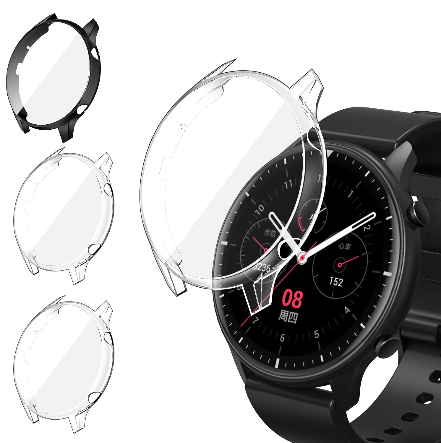 ivoler 3 sztuki etui z osłoną ekranu do Amazfit GTR 2 / Amazfit GTR 2e, pełne etui ochronne z miękkiego TPU cienkie, odporne na wstrząsy odporne na zarysowania (2 przezroczyste 1 czarne)