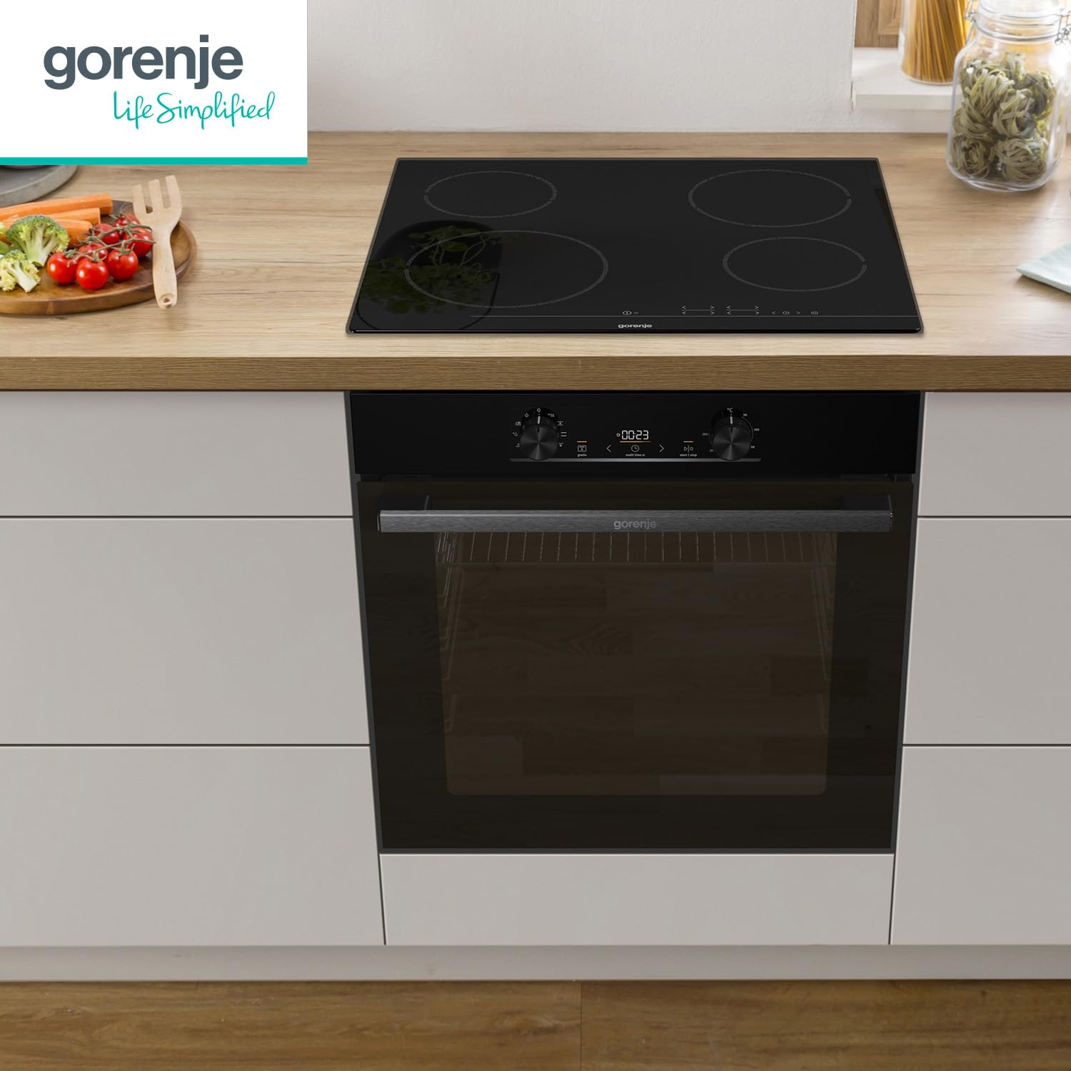Gorenje Einbaubackofen-Set Jump Set Aqua/C mit Kochfeld ECT641BSC und Backofen BO6735E02BK 77L Pizzamode 300°C PerfectGrill EcoClean-Email Glaskeramik schwarz