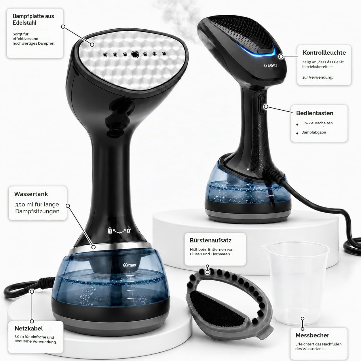 MAGIO Dampfglätter 1700 W - Steamer, Schnelles Aufheizen, 28 g/min Dampf, vertikal & horizontal, Anti-Drip, Auto Shut-off, 350 ml abnehmbarer Tank, kompakt für Zuhause & Reise