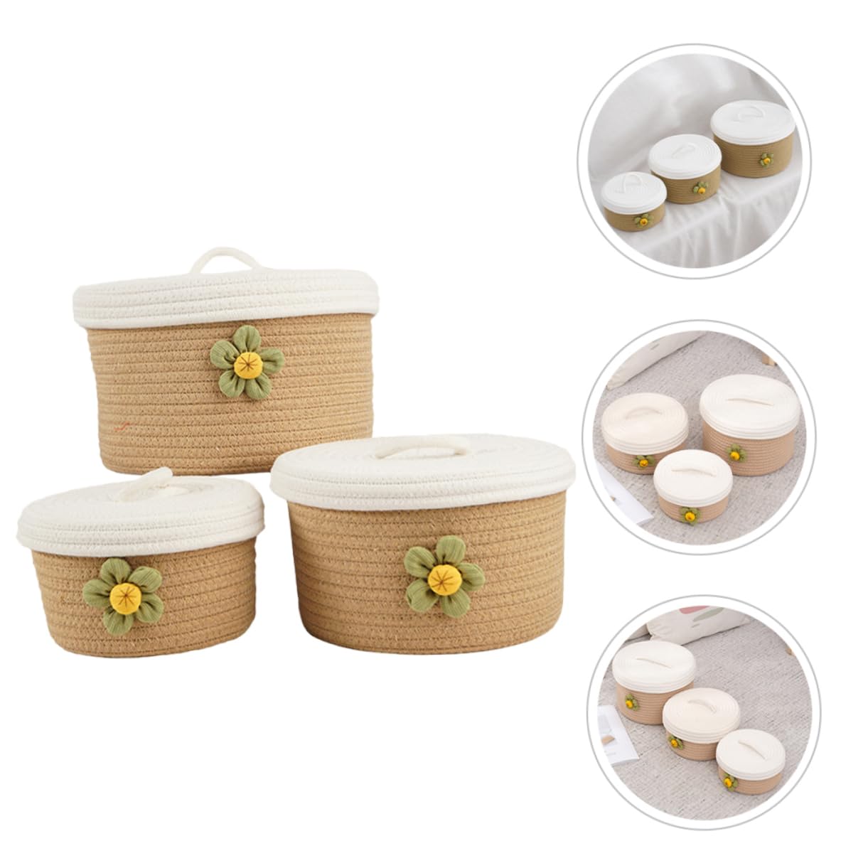 3 Cestas de Cuerda de Algodón Tapa para Organizar Artículos Varios Hogar, Conjunto de 3 Piezas, Diseño Clásico Elegante y Seguro para Mantener el Orden