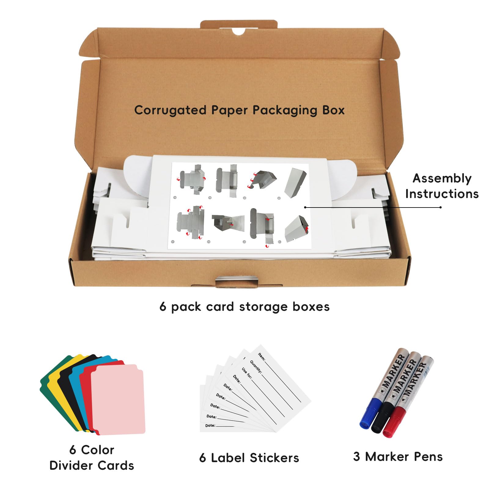 Scatole portaoggetti per carte, confezione da 6, 3600 pezzi, scatole di cartone per carte sportive, giochi da collezione e carte collezionabili, scatola per collezionisti di carte, 3 pennarelli