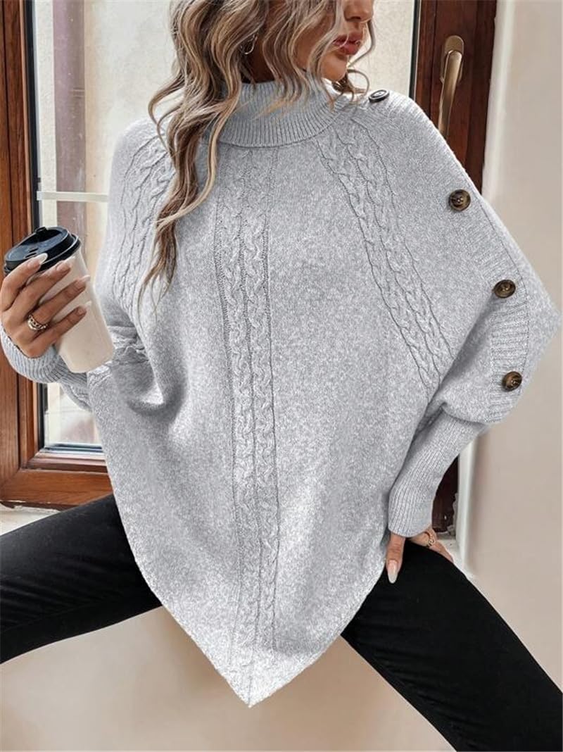 Poncho De Mujer Suéter Tipo Poncho De Punto Para Mujer Con Patrón De Cable Cuello Vuelto Plegado Botones Jersey Holgado Con Mangas De Murciélago Chal Suéteres Prendas De Punto Cálida