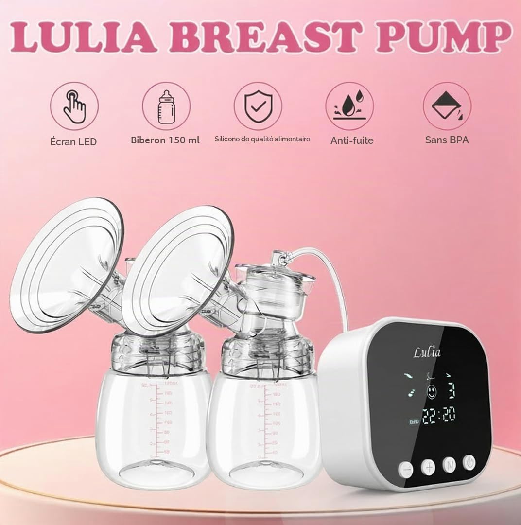 Lulia Tire-lait électrique double, 4 modes et 9 niveaux de tire-lait portable | Pompe d'allaitement à faible bruit, anti-refoulement et affichage LED, sans BPA, avec bride de 24 mm