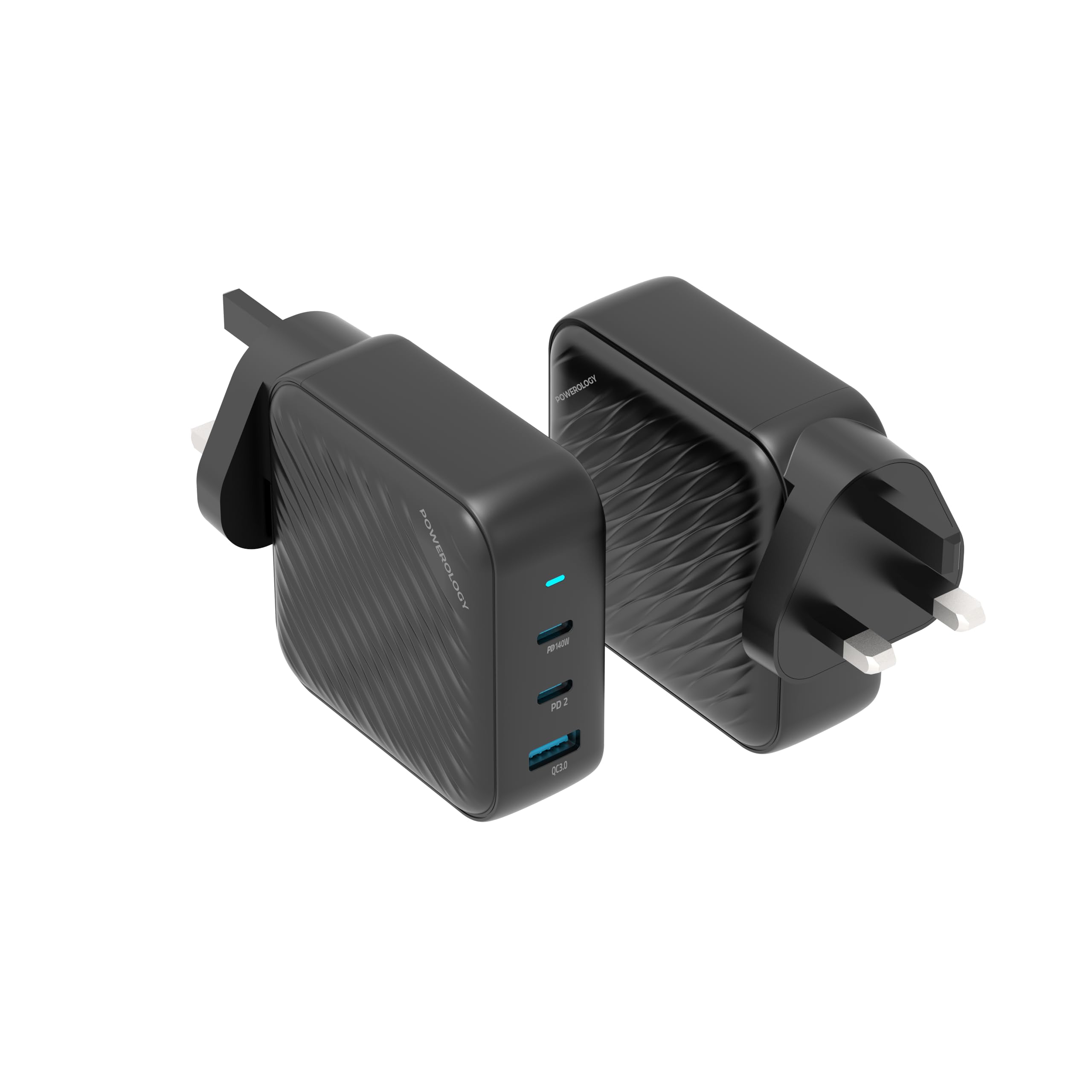 Powerology 140W PD QC 2xUSB-C and 1xUSB-A GaN Charger UK - Black