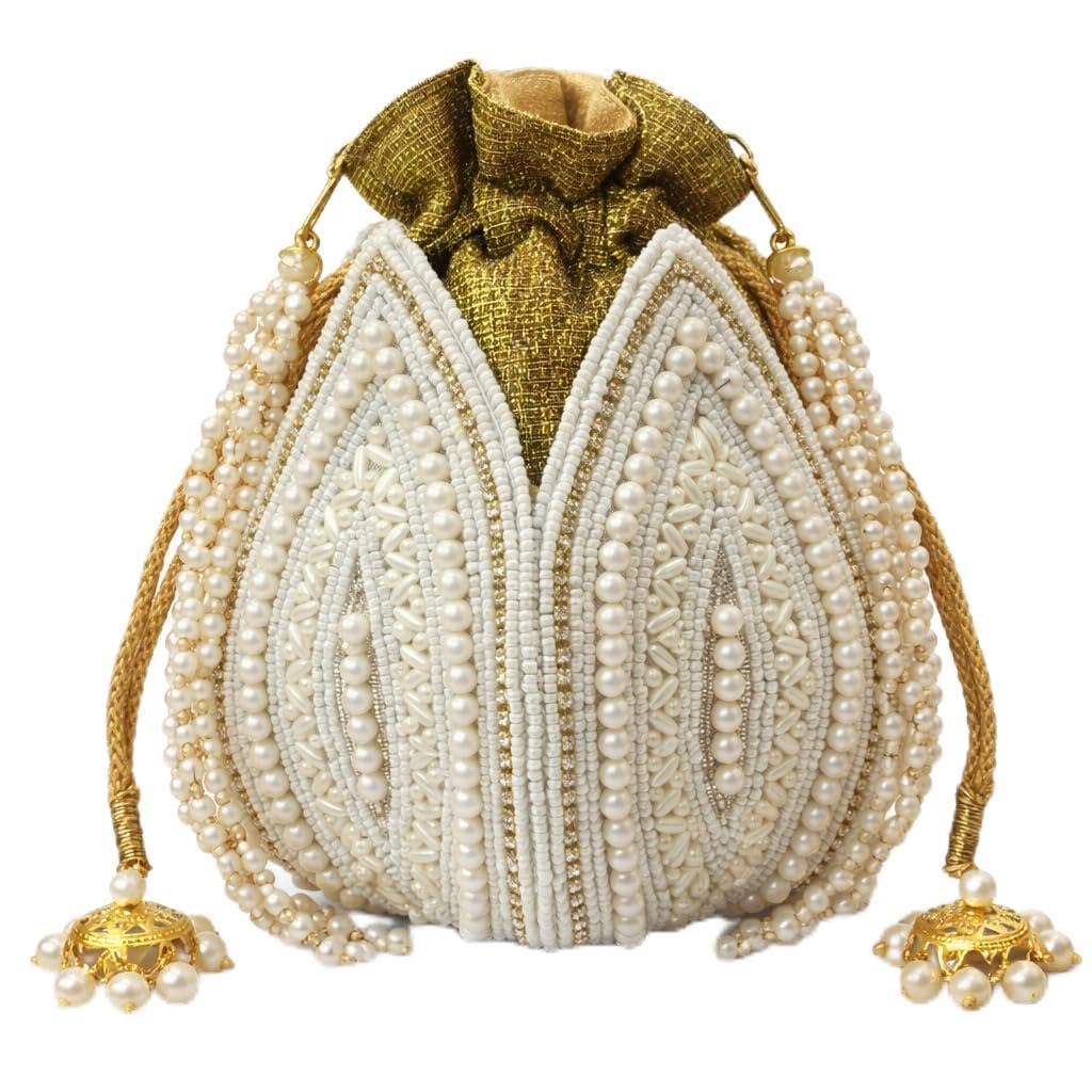 Lotus Pearl Potli Purse for Women, Bridal Ethnic Batua Bag, White Gold Beaded Drawstring Potli Handbag, Indian Potli Purse with Pearl Handle, Small Fancy Potli for Bride-picture-32