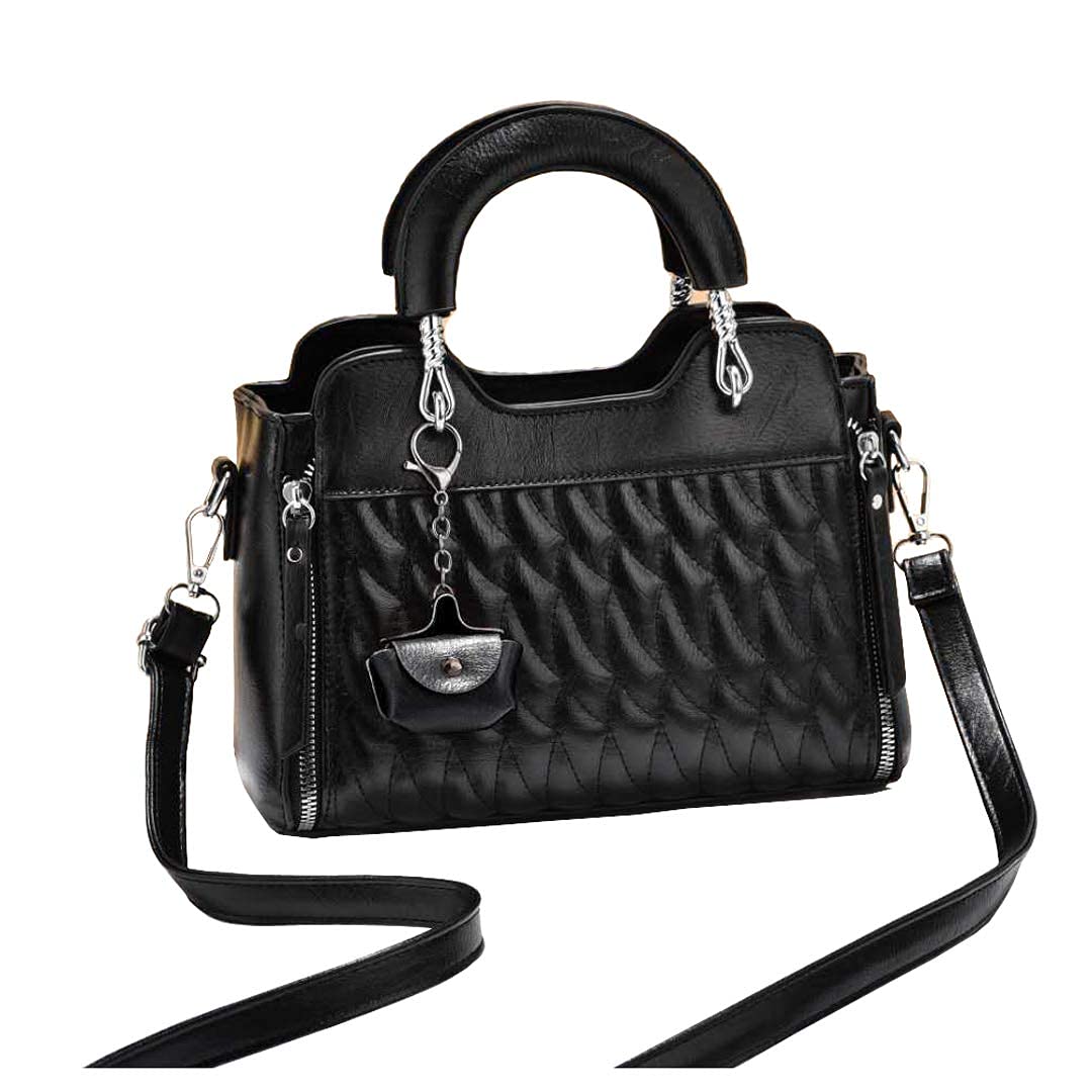 FAMOUS SHOP Latest Handbag PU Leather Top Handle Satchel Bag Shoulder purse (Black)