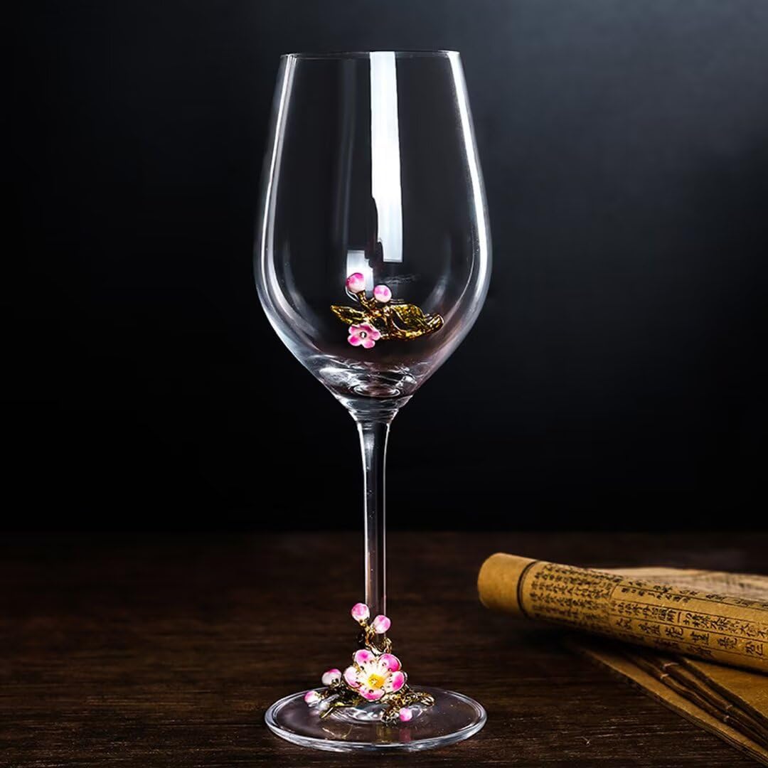 Karafka do wina z dmuchanego szkła, ręcznie dmuchana, emaliowana, bez ołowiu, 350 ml, ze wzorem kwiatów śliwki, opakowanie na prezent, eleganckie szkło z długim uchwytem (1 sztuka)