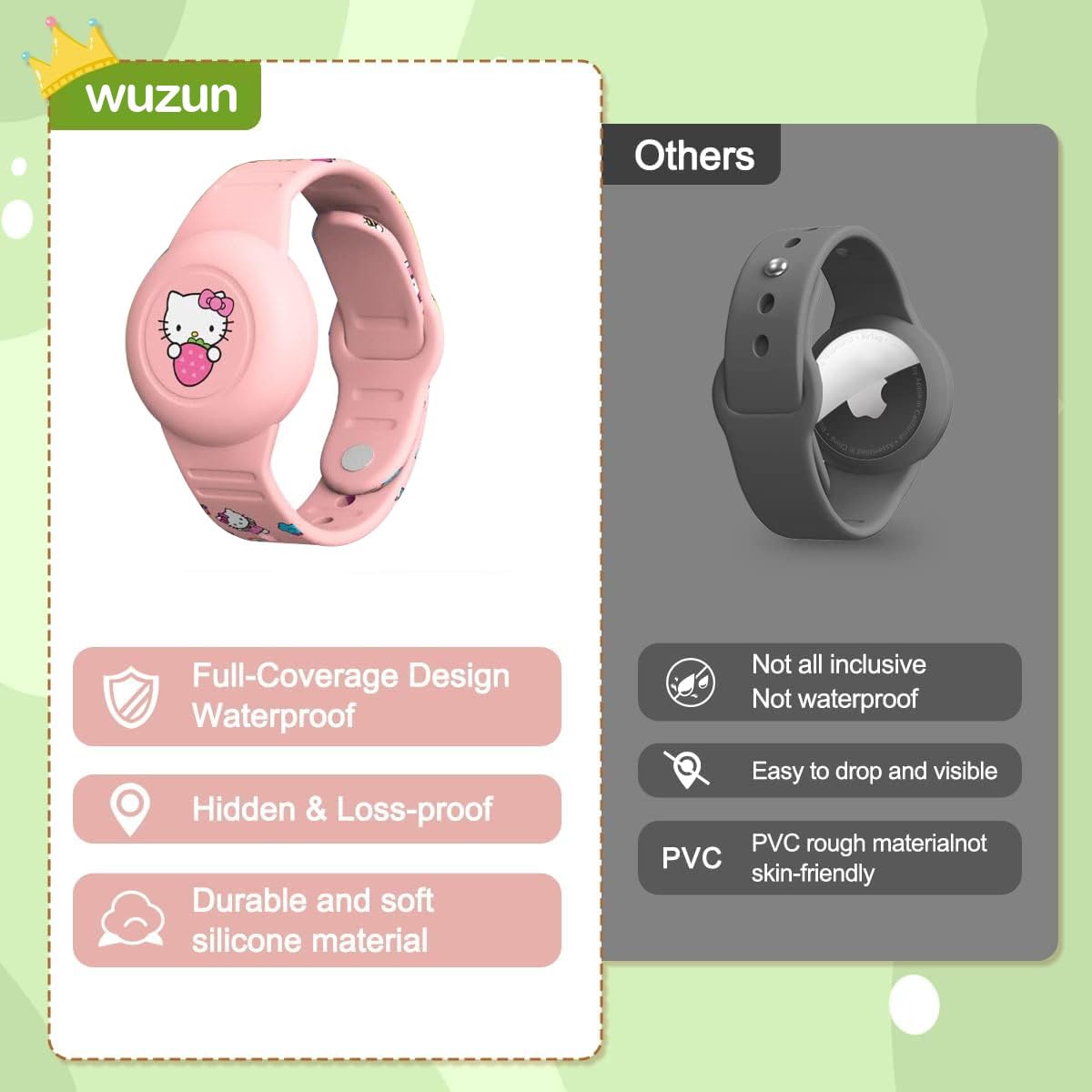 Bambini Impermeabile per Bracciale Airtag: WUZUN Simpatico Cartone Animato Regolabile Nascosto per Supporto Apple Air Tag, Custodia Cinturino Tracker GPS Anti-Smarrimento in Silicone (Avocado