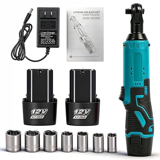 12V Electric Ratchet Wrench, 3/8" Drive Cordless Ratchet with 7 Sockets