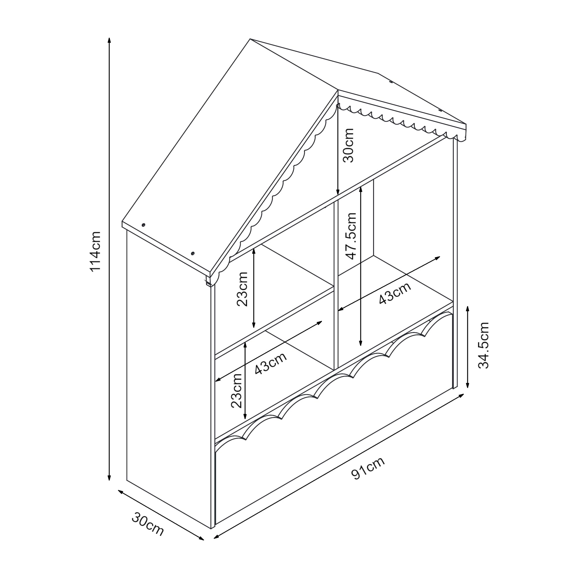 [en.casa] Étagère pour Enfants en Forme de Maison Meuble de Rangement avec Compartiments Ouverts et Tiroir Ondulé Bibliothèque MDF Panneau de Particules 114 x 91 x 30 cm Rose Barbe à Papa Blanc