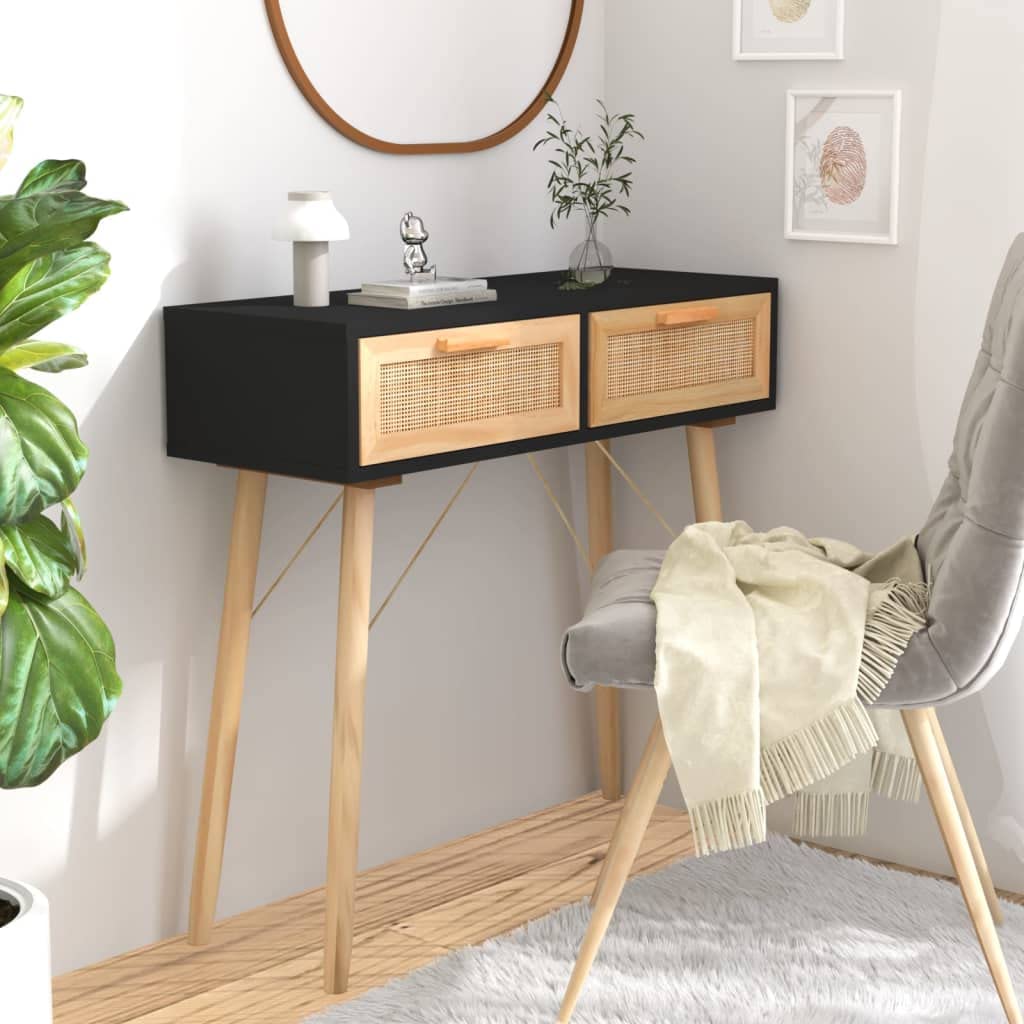 SXZenSpace Console Table Black 80x30x75 cm Solid Wood Pine & Natural Rattan, 2 Drawers Scandinavian Hallway Side for Living Room Bedroom Entryway