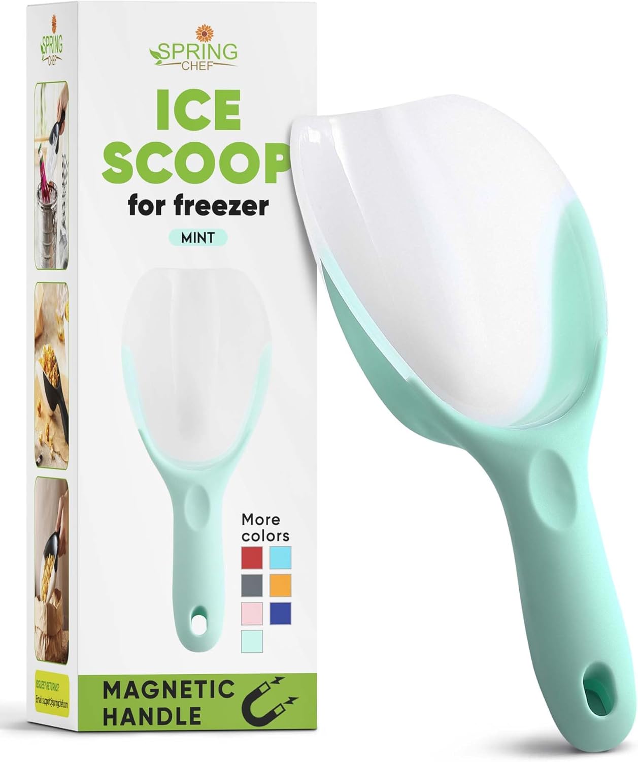 Spring Chef Dog Food Scoop, Contoured Translucent Flexi-Plastic Pet Food Scooper with Soft Grip Handle, Kitchen Magnetic Ice Scoop for Freezer, Ice Machine, Popcorn, Flour, Coffee Bean - Mint