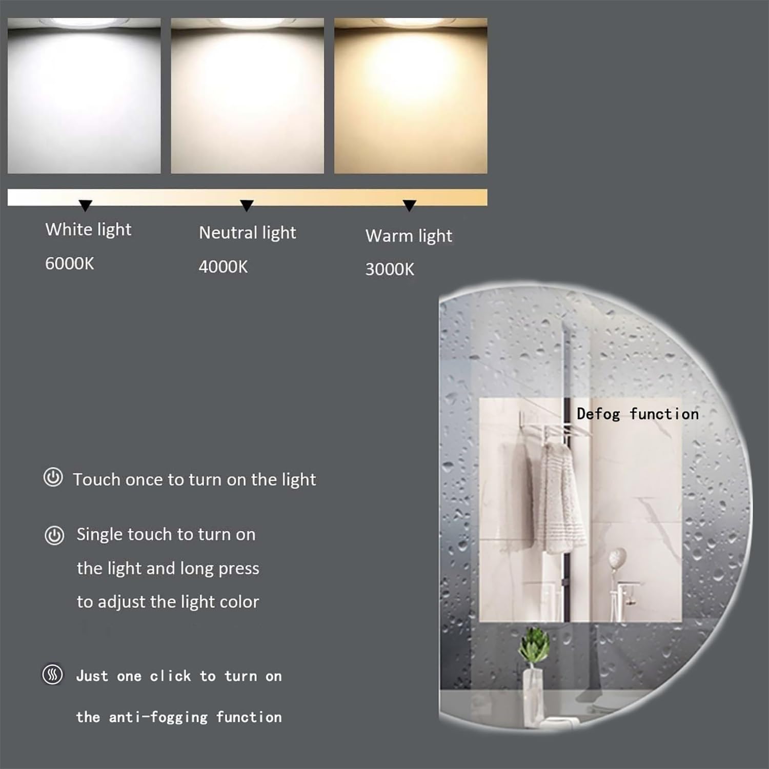 Espejo de baño semicircular sin Marco, con iluminación, 100 cm/39 pulgadas, Moderno Espejo de pared Inteligente con retroiluminación, LED de 3 Colores regulable, antivaho e interruptor tácti