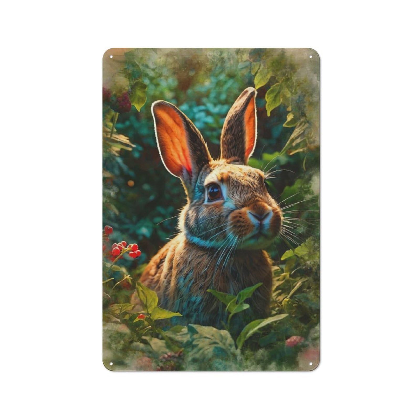 Junmoney Curious Rabbit In The Garden Tin Wall Plaque 30X20cm With For Workshop Wall, Suited To Workshop Decor Fans, For Retro Home Interiors