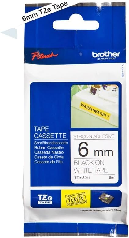BrotherTZe-S211 Labelling Tape Cassette, Black on White, 6mm (W) x 8M (L), Strong Adhesive, Brother Genuine Supplies