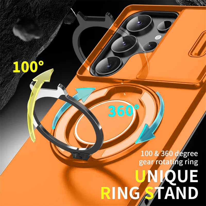 Image of LuxuryKase Shockproof Rugged Case for Samsung Galaxy S24 Ultra | Slide Camera Cover | 360 Rotating Ring Kickstand | Military-Grade Protection - Sunset Orange