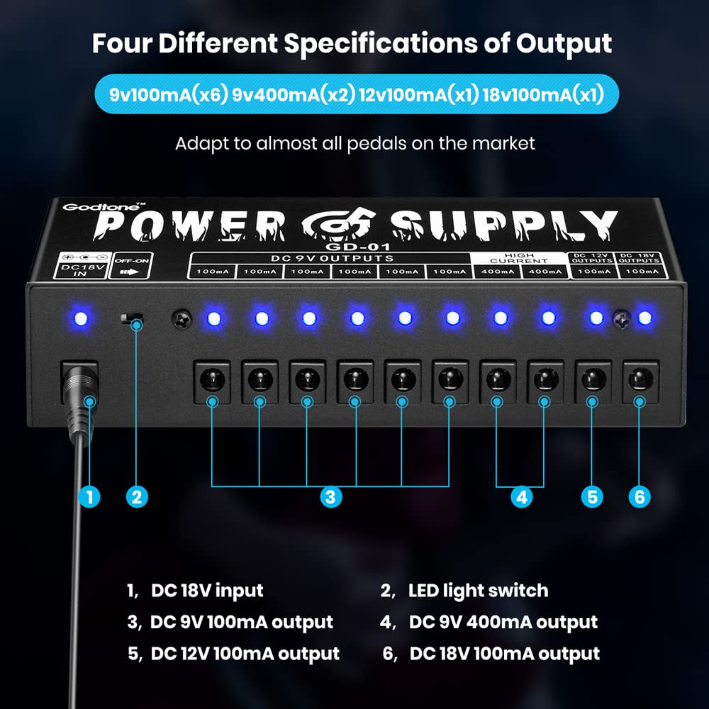 GD-01 Fuente de alimentación de pedal de guitarra, 10 salidas de CC aisladas para 9V/12V/18V100mA 400mA Pedal de efecto con protección contra cortocircuitos y protección contra sobrecorriente