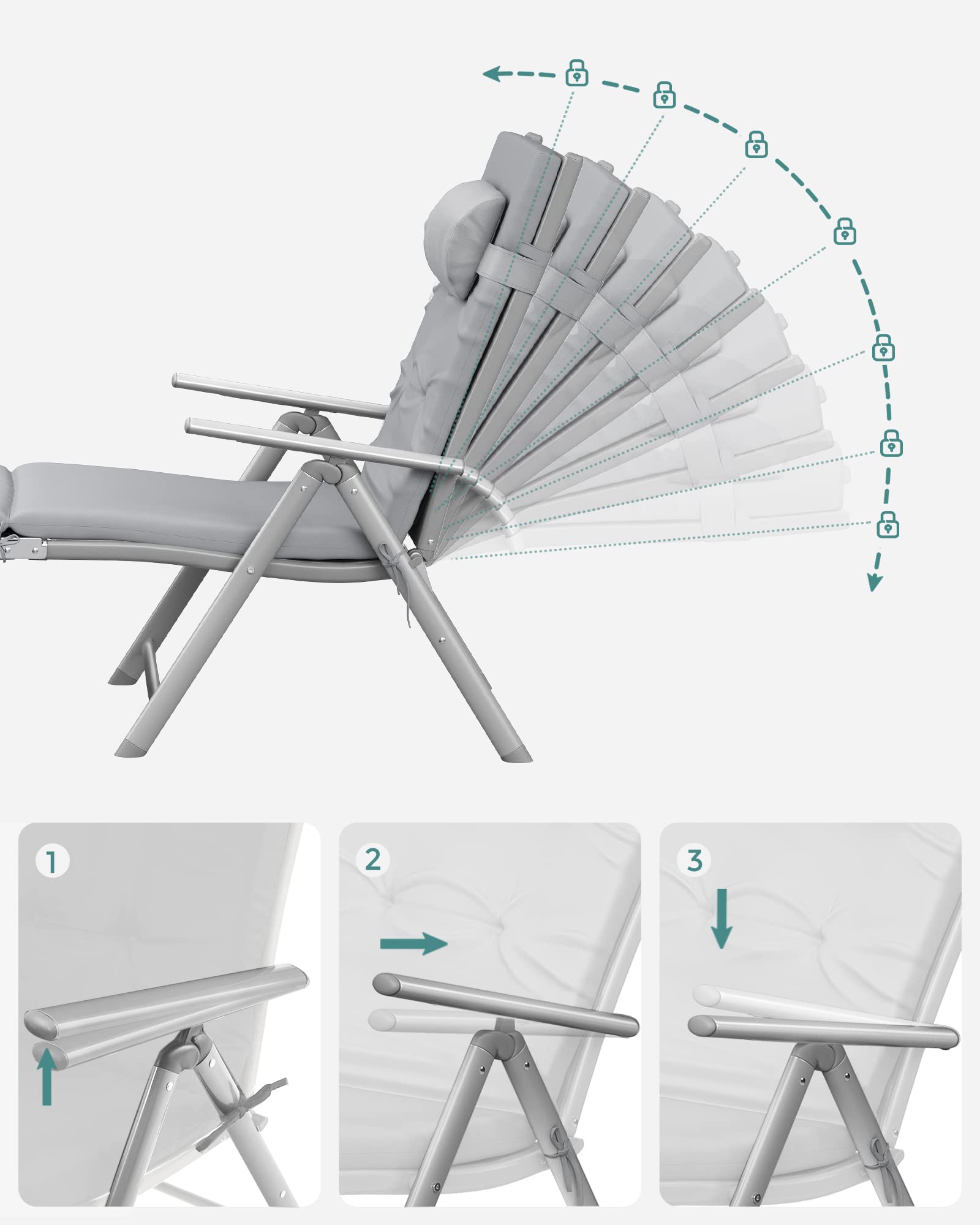 SONGMICS Chaise Longue, Bain de Soleil avec Matelas d Une épaisseur de 6 cm, Appui-tête Amovible, en Alu Anti-Rouille, Respirant, Inclinable, Charge Max 150 kg, Gris GCB24GY