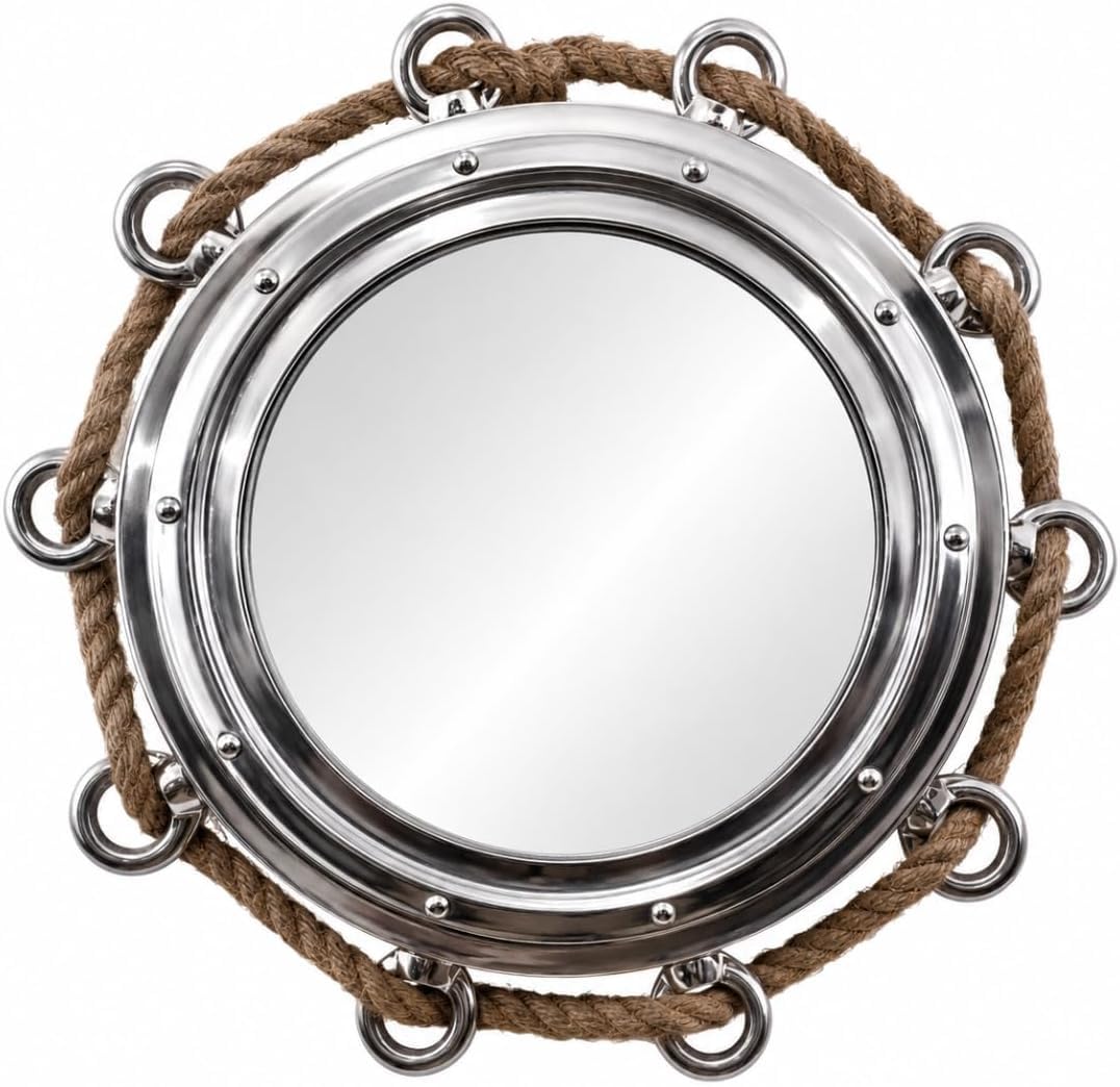 Miroir de salle de bain chromé suspendu avec corde pour entrée cosy
