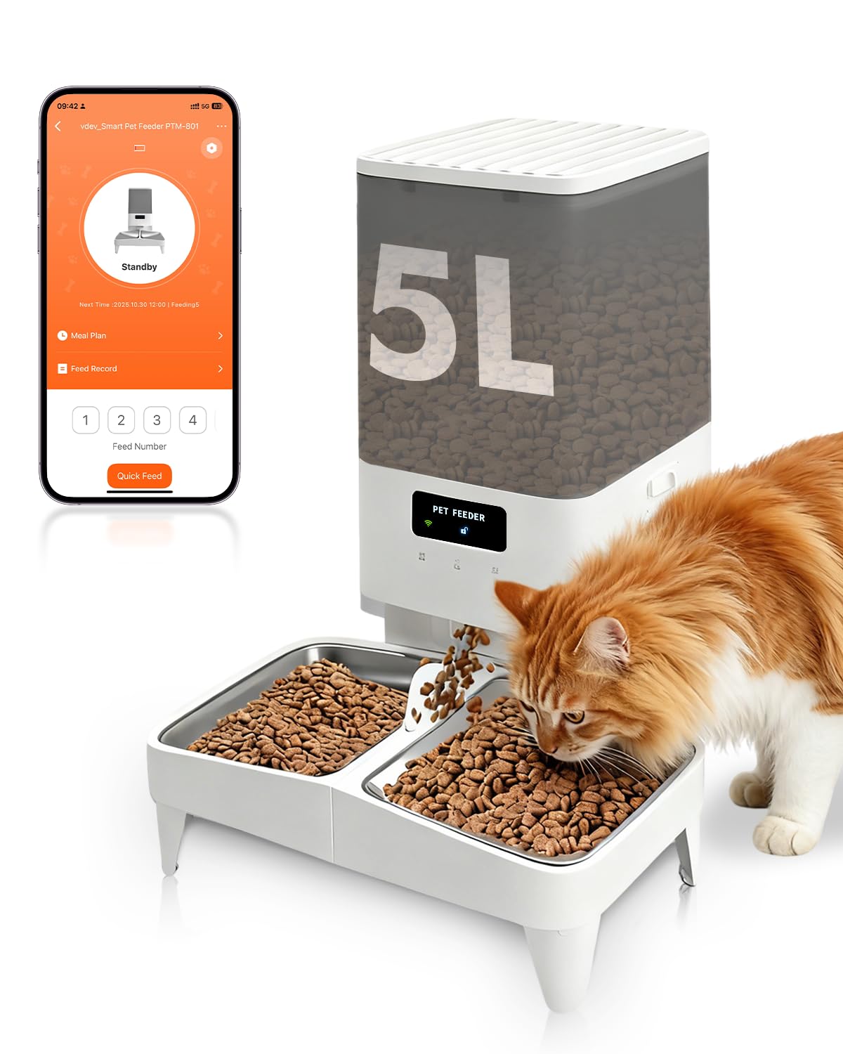 Automatic Cat Feeder for 2 Cats, 2.4G WiFi Timed Cat Feeder with APP Control, 20Cups/5L Automatic Food Dispenser, Dual Stainless Steel Bowls, 1-10 Meals/Day, Dual Power & Detachable for Easy Clean