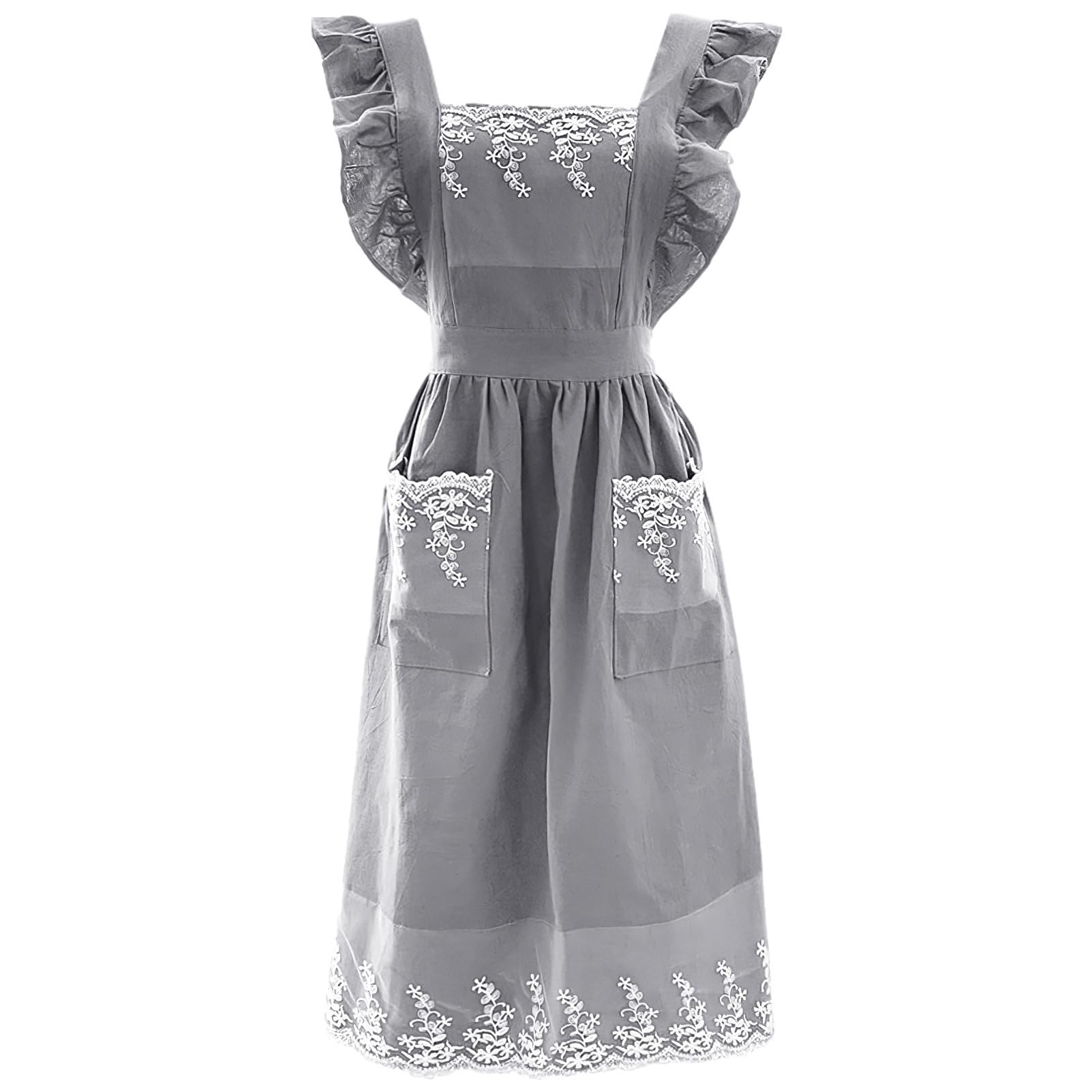 aromm Cute Cotton Apron Frilly Lace Ruffle Adjustable Pinafore Apron Dress with Pockets for Cooking Baking Cleaning Gardening