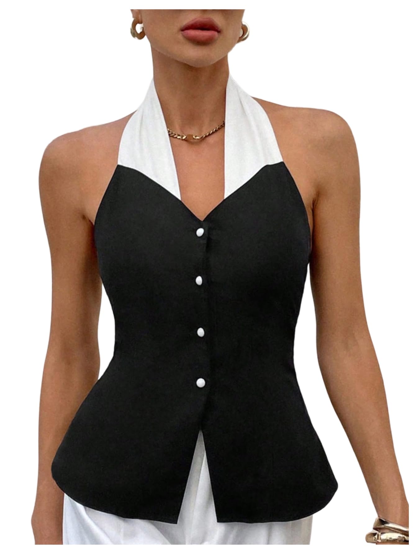 GORGLITTER Womens Color Block Button Up Vest Sleeveless Backless Halter Dressy Waistcoat