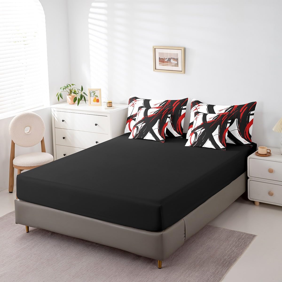 Feelyou Abstract Art 7 Piece Bedding Set Queen Size Kids Red Black Modern Geometric Print Bed in a Bag for Boys Girls Teens Minimalist Ink Line Comforter Set with Sheets Soft Microfiber