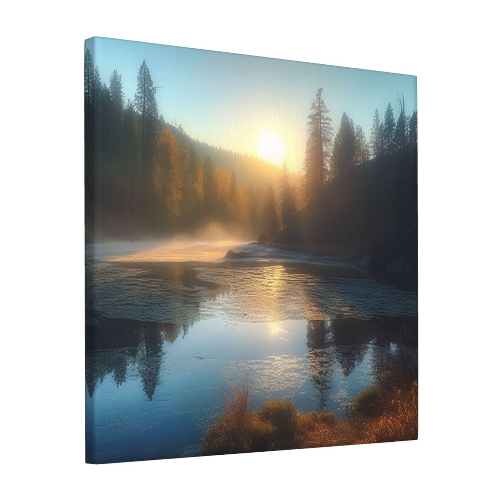 Sunrise over mountain forest lake Canvas Wall Art for Living Room Wall Decor 12"x12" Modern Artwork Painting Pictures Hanging Canvas Prints Aesthetic Wall Art for Bedroom Bathroom Office Wallart Decor