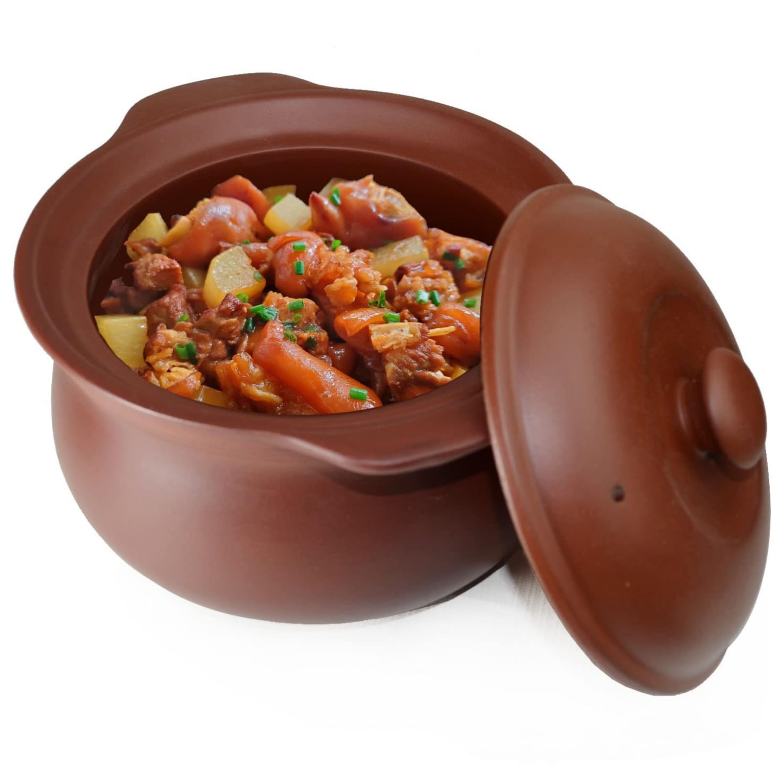 Olla de barro de 3 l con tapa para sopa, guisada a fuego lento, sin esmaltar, apta para microondas y horno.