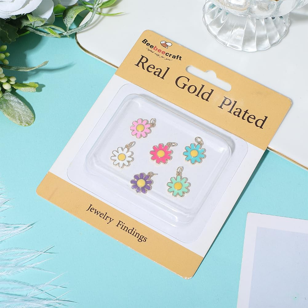 Beebeecraft 6Pcs 6 Colors Enamel Flower Charms 18K Gold Plated Dangle Daisy Floral Charm Colorful for Jewelry Making DIY Crafts Necklace Bracelet Earring